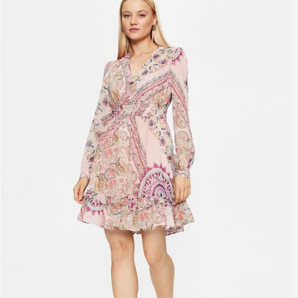 Guess Paisley Long Sleeve Dress - Pink and‎ Cream